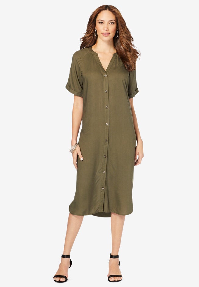 Y-Neck Shirtdress, DARK OLIVE GREEN, hi-res image number null