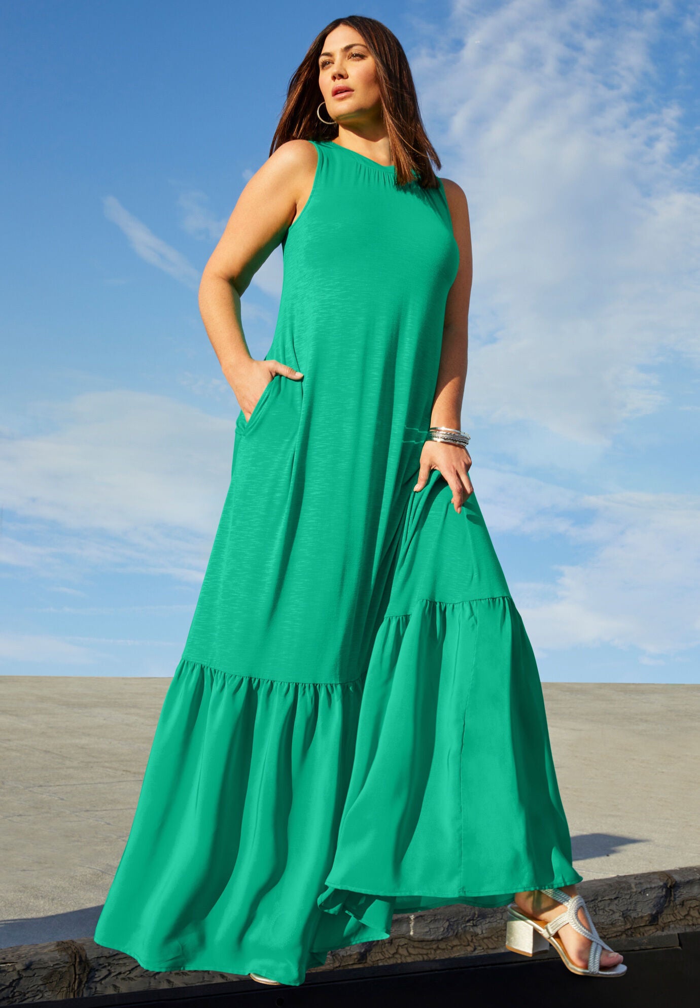 Ruffle Hem Maxi Dress with Pockets, Tropical Emerald Woman Within