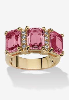 Yellow Gold-Plated Emerald Cut 3 -Stone Simulated Birthstone & CZ Ring