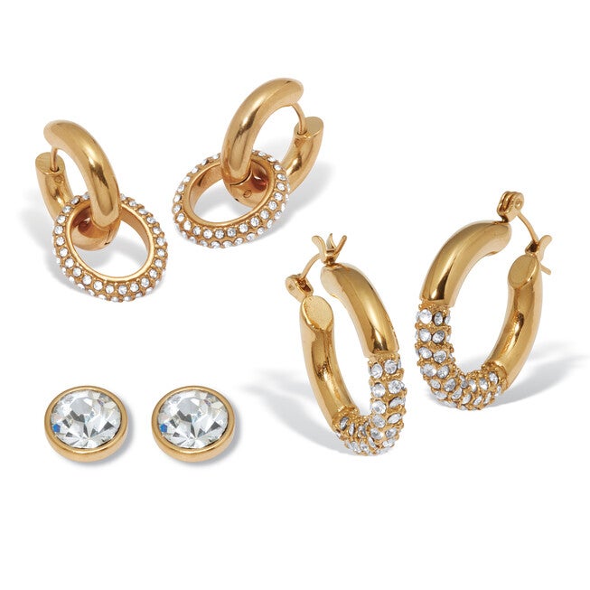 Round Crystal Yellow Gold Ion-Plated Stainless Steel Earrings, 3-Pair Set, WHITE, hi-res image number 0