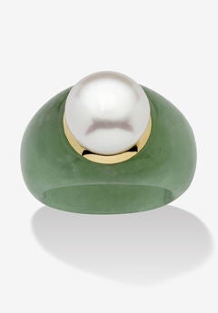 10K Gold Genuine Cultured Freshwater Pearl And Green Jade Ring Jewelry