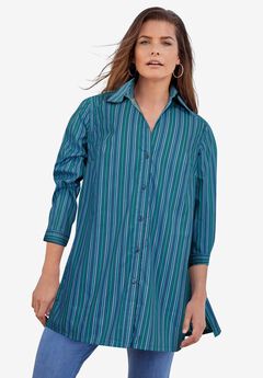 Plus Size Kate Long Sleeve Tunic Easy Cotton-Blend Button-Front Shirt