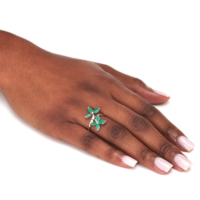 2.10 TCW Marquise Cut Genuine Green Emerald Sterling Silver Floral Ring, GREEN, alternate image number 2