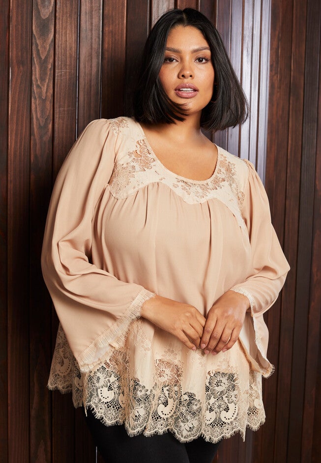 Lace-Trimmed Blouse, NUDE GARDEN LACE, hi-res image number null