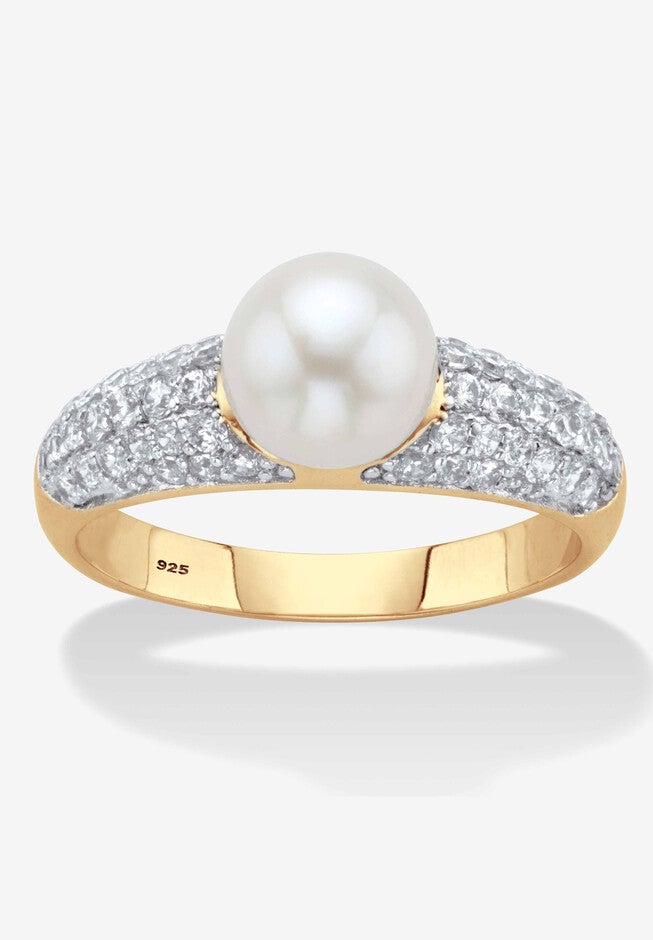 Yellow Gold Over Sterling Silver Genuine Round Cultured Freshwater Pearl And Cubic Zirconia Ring (5/8 Cttw), PEARL, hi-res image number 0