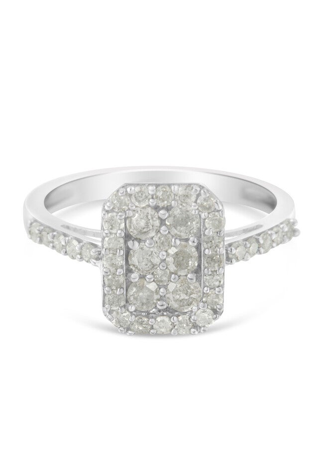 Sterling Silver Diamond Emeraldshaped Cluster With Halo Cathedral Style Cocktail Ring, WHITE, hi-res image number 0