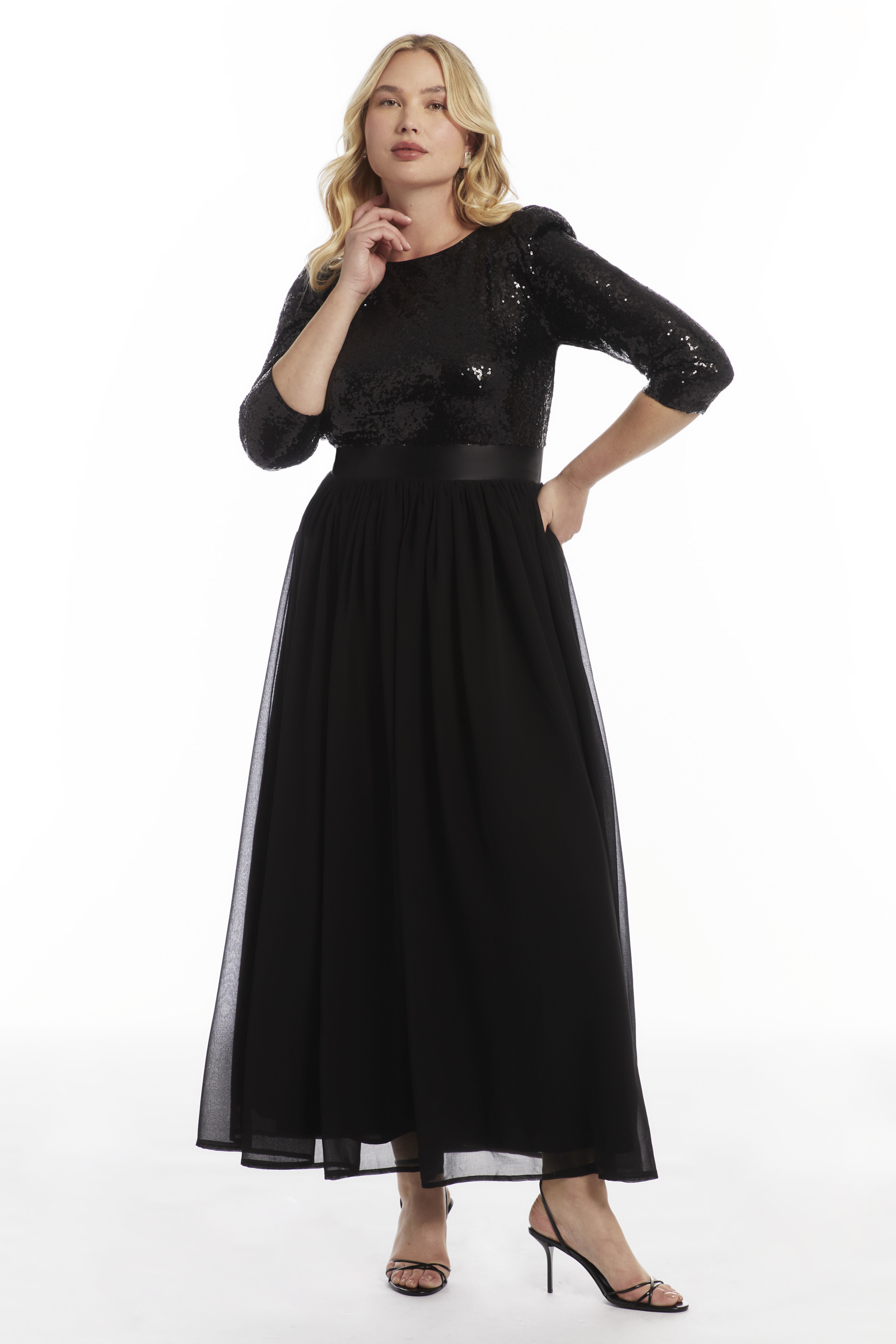 Sequin V-Neck Chiffon Maxi Dress, BLACK ONYX, hi-res image number 0