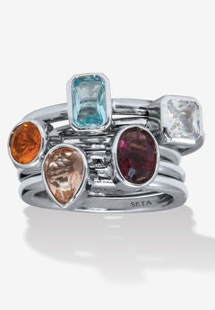 1.32 Tcw Cz And Simulated Crystal Platinum-Plated 5 Piece Stackable Ring Set