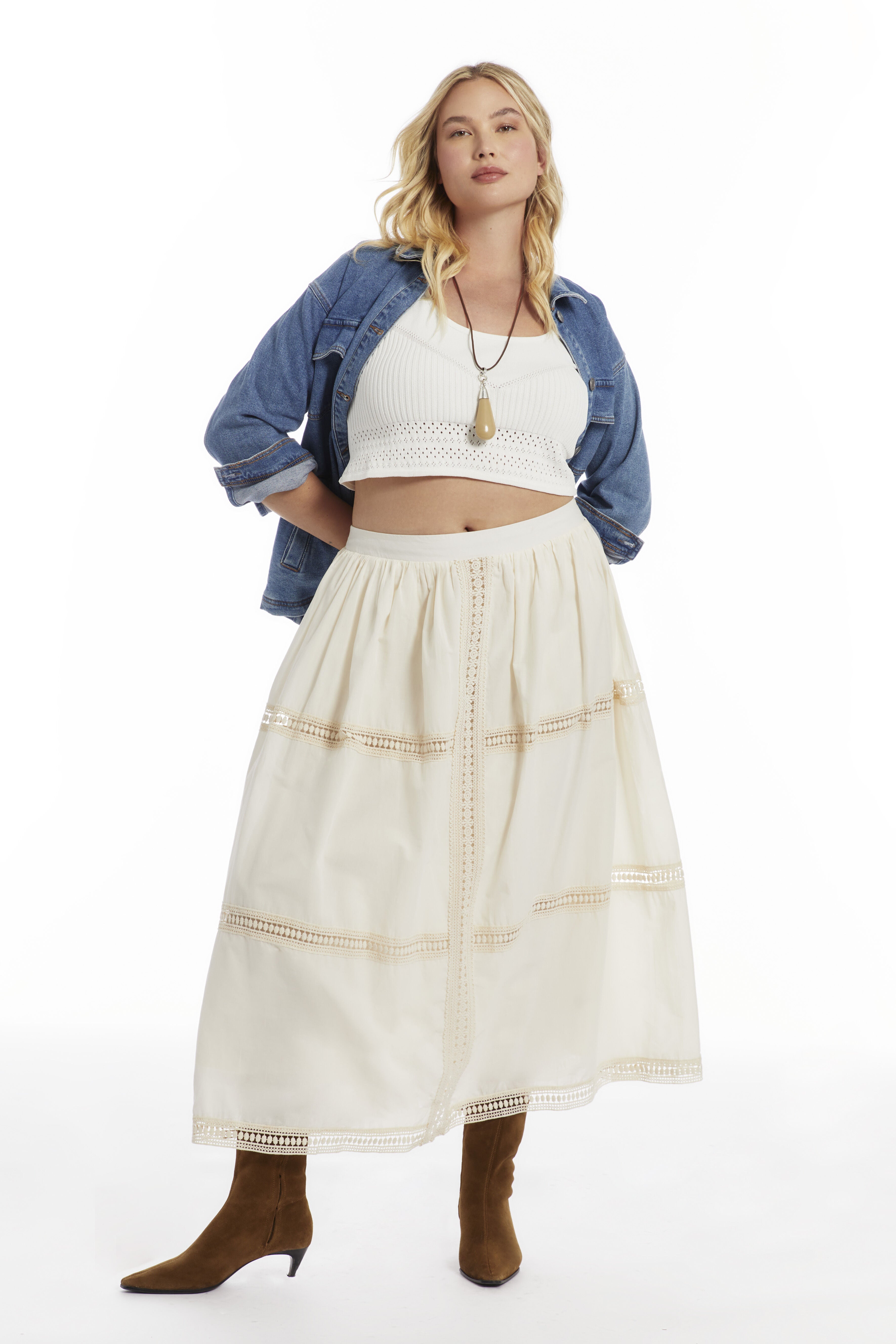 Lace Insert Midi Skirt, WARM CREAM, hi-res image number 0