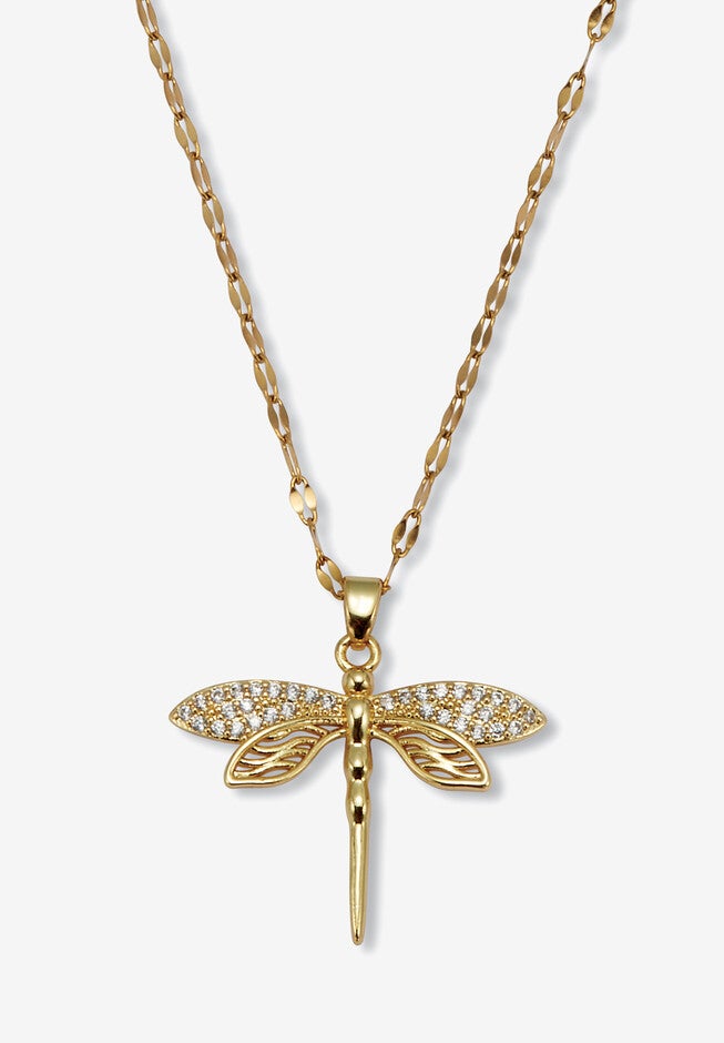 Round Crystal Goldtone Dragonfly Pendant Necklace, 16 To 18-Inch Length, GOLD, hi-res image number null