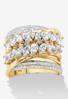 4.18 Cttw. Cubic Zirconia 14K Gold-Plated Sterling Silver Diagonal Multi-Row Ring