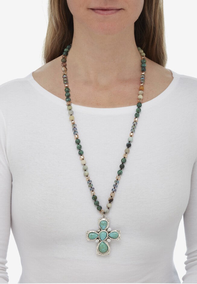 Genuine Jasper, Amazonite And Freshwater Pearl Silvertone Cross Necklace 32 Inch, , alternate image number 2