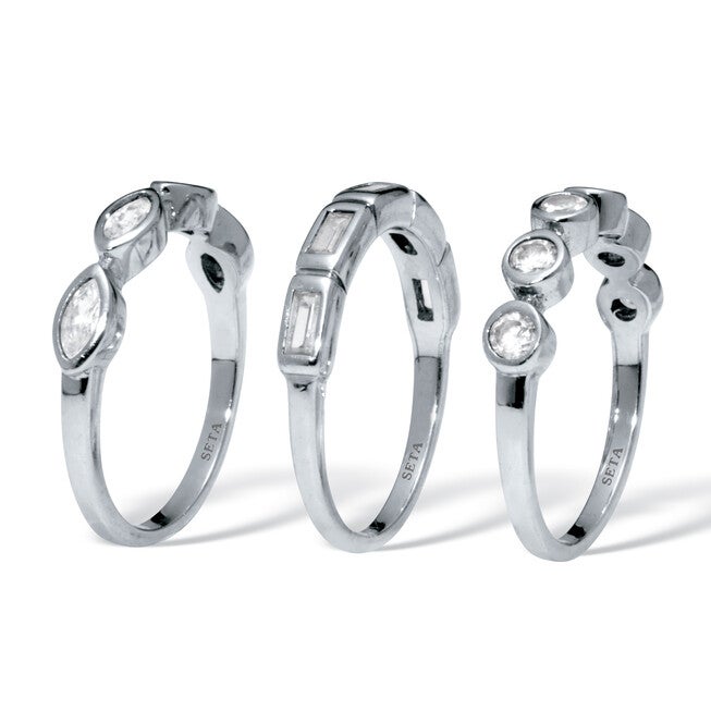 3-Set Stack Silvertone Multi-Shape Ring Set, WHITE, on-hover image number null