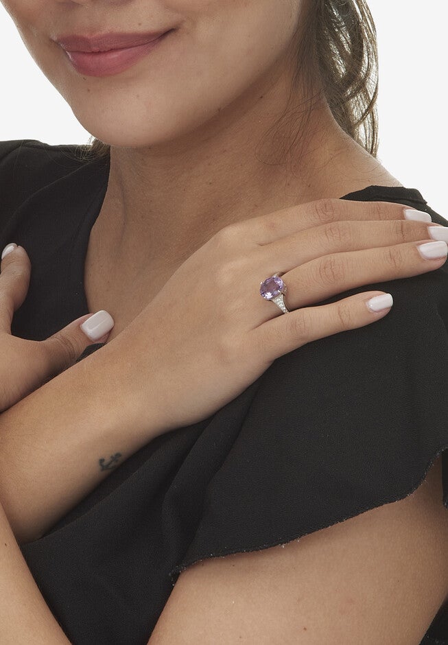 3.40 Tcw Oval Genuine Purple Amethyst And Cubic Zirconia Sterling Silver Ring, , alternate image number 2