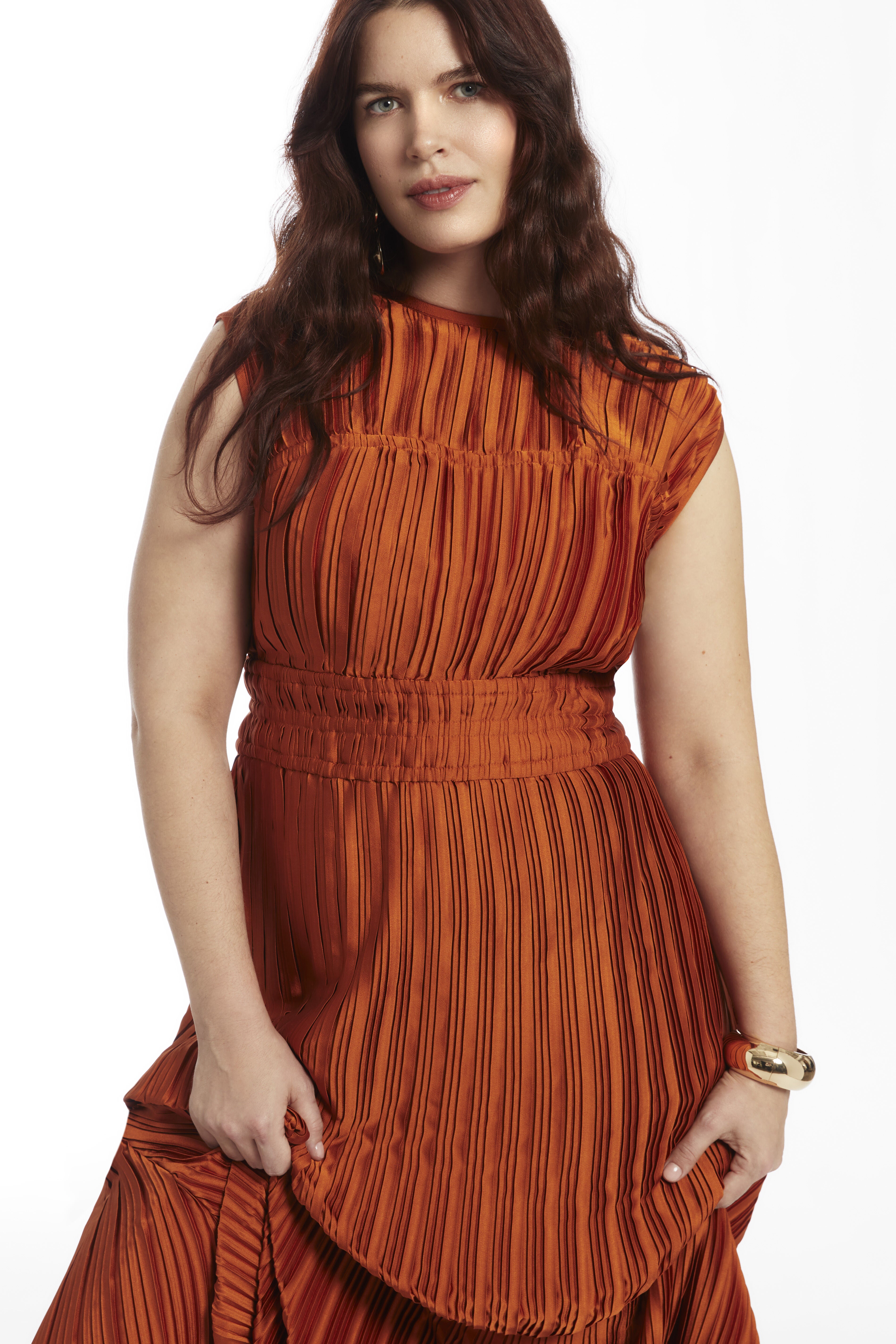 Boatneck Plisse Cap-Sleeve Maxi Dress, UMBER, on-hover image number 1