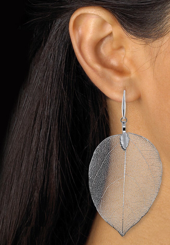 Silvertone Leaf Necklace And Drop Earrings Set, 26 Inches, Plus 2 Inch Extension, , alternate image number 3