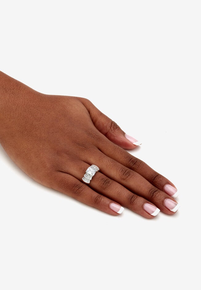 Platinum over Silver Emerald Cut Cubic Zirconia Step Top Engagement Ring (3 1/10 cttw TDW), , alternate image number 3