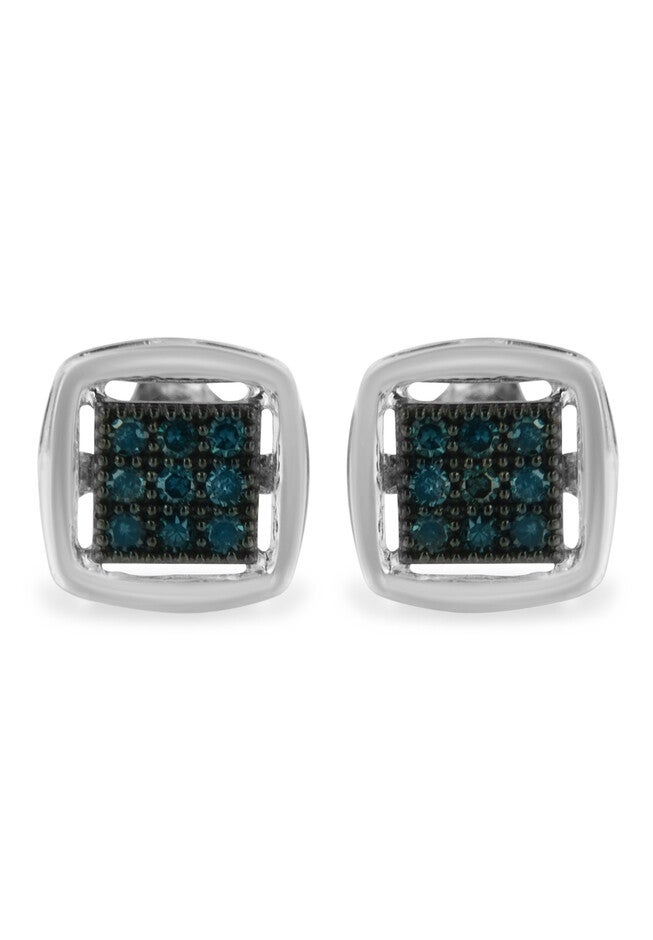 Sterling Silver Blue Diamond Square Stud Earring, BLUE, hi-res image number 0