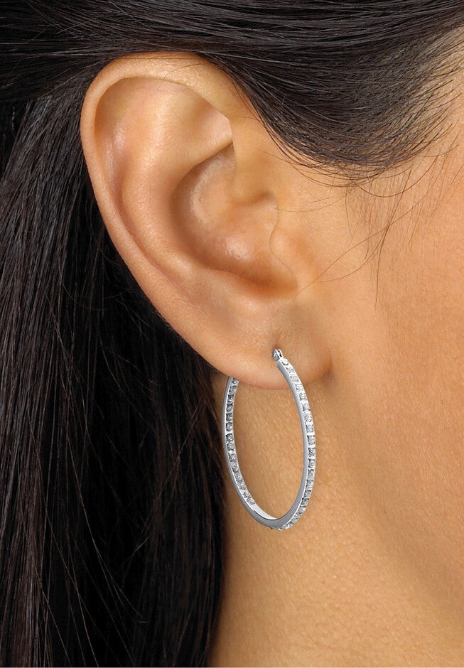 Platinum & Sterling Silver Hoop Earrings with Diamond Accent, , alternate image number 2