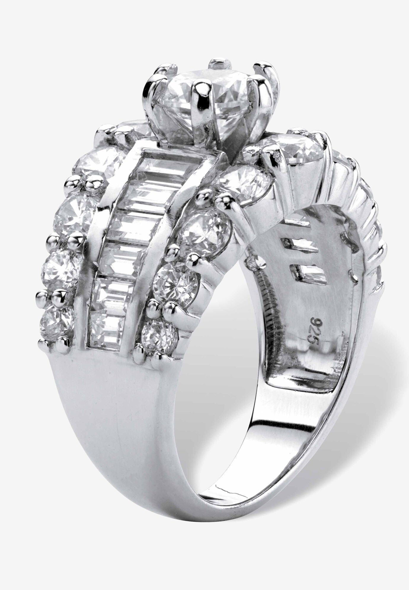 6.40 Cttw. Round And Baguette Sterling Silver Cubic Zirconia Engagement Ring, , on-hover image number 1