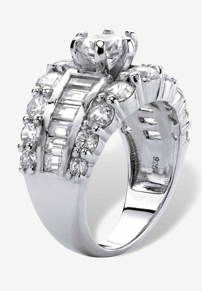 6.40 Cttw. Round And Baguette Sterling Silver Cubic Zirconia Engagement Ring, , on-hover image number 1