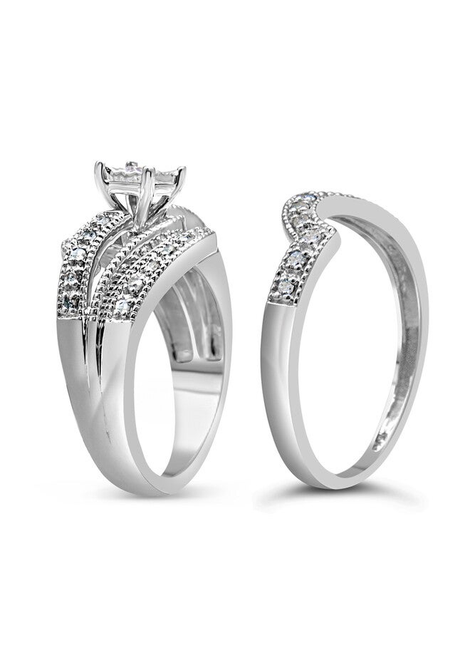 Silver 1/3 Cttw Round Diamond Crisscross Engagement Ring Bridal Set, , alternate image number 2