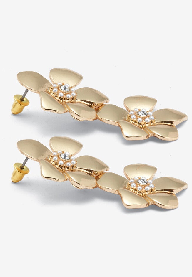 Round Crystal Goldtone Flower Drop Earrings, 50X30Mm, , on-hover image number 1