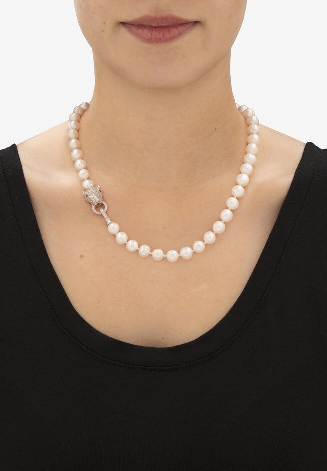 Silvertone Round Pearl And Round Cz Panther Strand Necklace (1/2 Cttw), , alternate image number 2