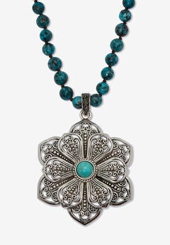 Round Genuine Jasper And Simulated Turquoise Silvertone Flower Necklace 34-Inch