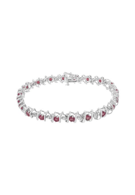Sterling Silver Gemstone & Round Diamond Tennis Bracelet Pink Tourmaline October Birthstone, , on-hover image number null