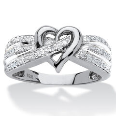 1/10 TCW Diamond Crossover Heart Ring in Platinum-plated Sterling Silver