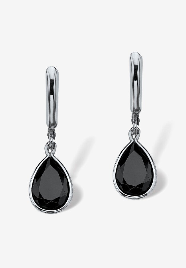 Silvertone Drop Earrings (29X8.5Mm) Pear Shaped Natural Black Onyx, WHITE, hi-res image number null