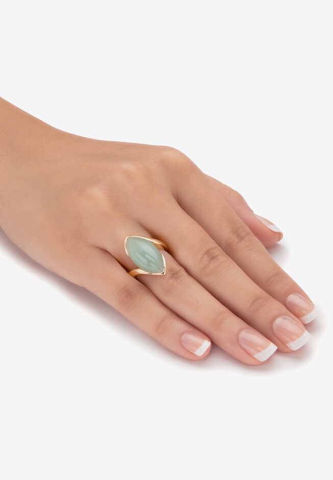 Marquise-Cut Genuine Green Jade Gold-Plated Sterling Silver Cabochon Bypass Ring, , alternate image number null