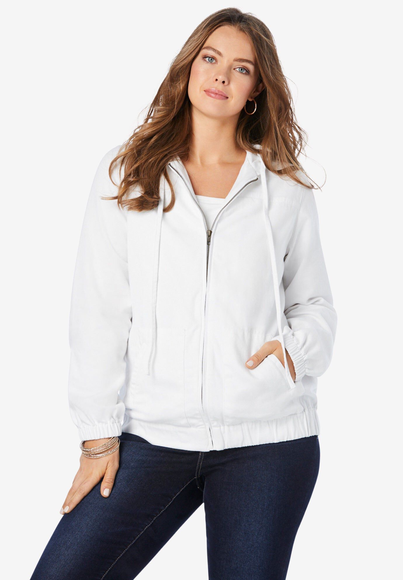 Cotton Complete Zip-Up Hoodie, WHITE DENIM, hi-res image number 0
