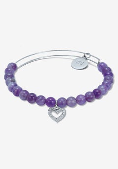 Genuine Purple Amethyst Silvertone Heart Charm Bangle, 7.5 Inches