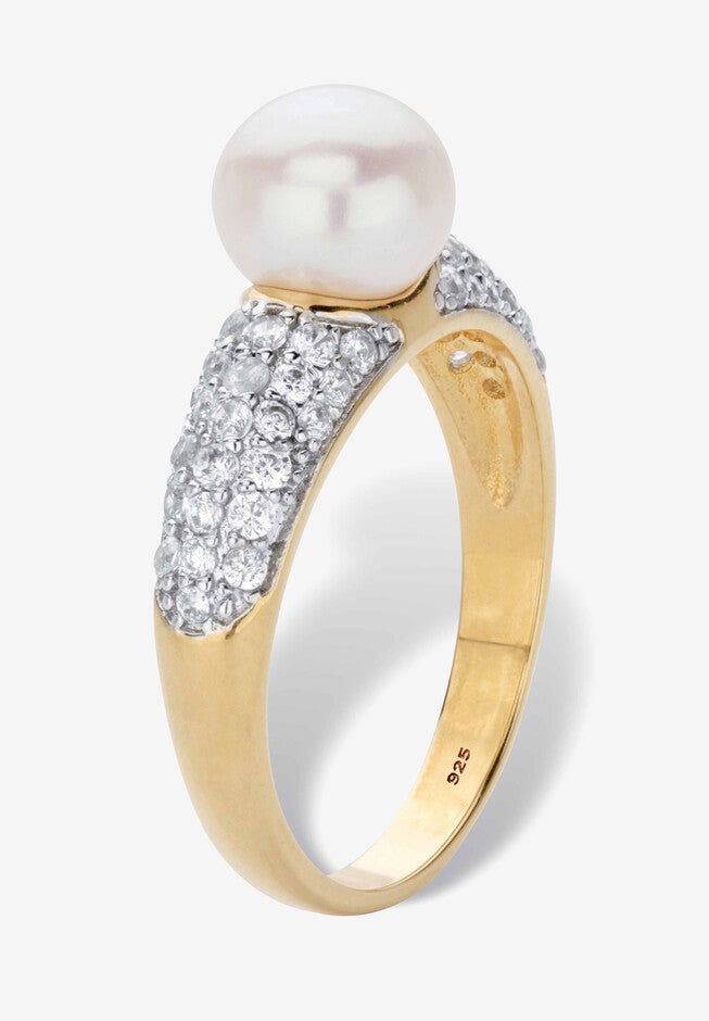 Yellow Gold Over Sterling Silver Genuine Round Cultured Freshwater Pearl And Cubic Zirconia Ring (5/8 Cttw), , on-hover image number 1