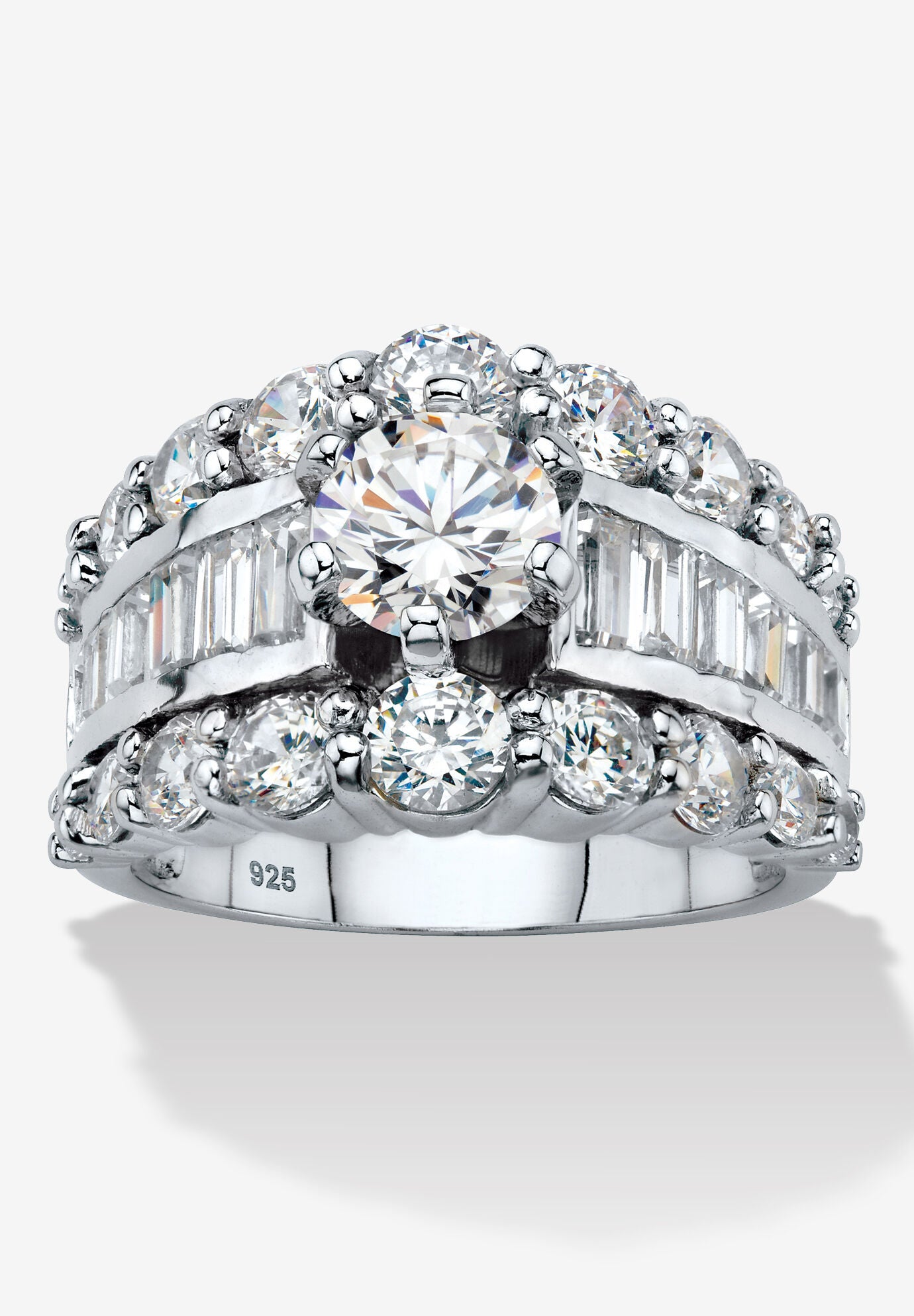 6.40 Cttw. Round And Baguette Sterling Silver Cubic Zirconia Engagement Ring, WHITE, hi-res image number 0
