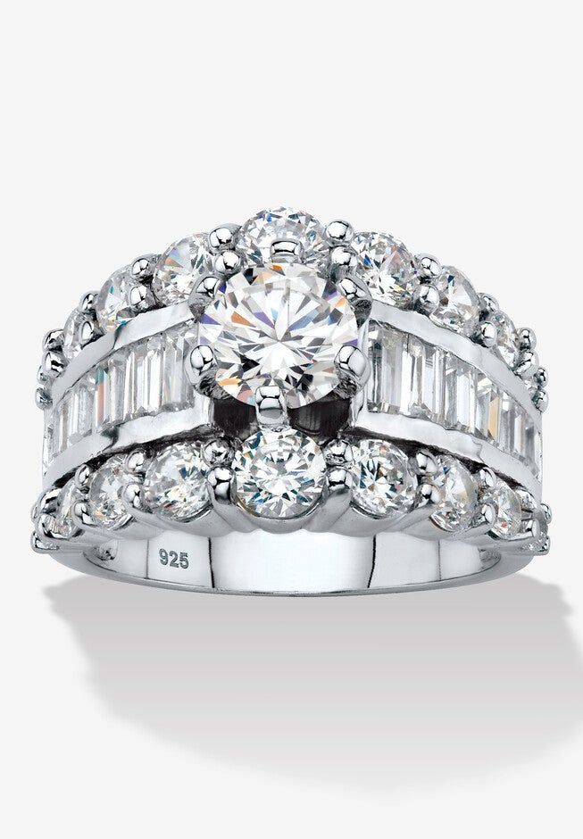 6.40 Cttw. Round And Baguette Sterling Silver Cubic Zirconia Engagement Ring, WHITE, hi-res image number 0