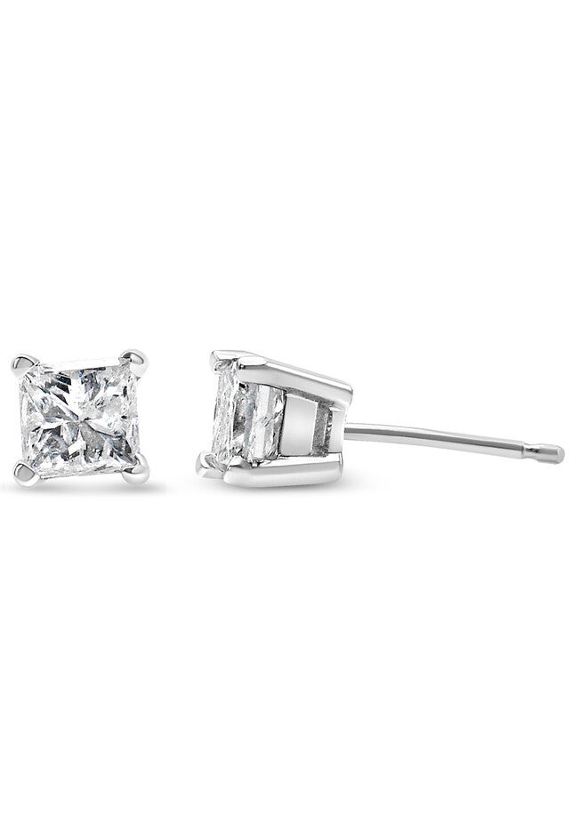 Princesscut Square Diamond 4Prong Solitaire Stud Earrings In White Gold (H-I Color), , alternate image number null