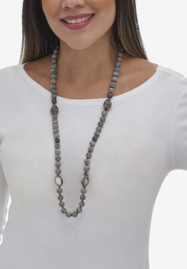 Round Genuine Pearl and Jasper Silvertone Beaded Necklace 34-inch, , alternate image number null