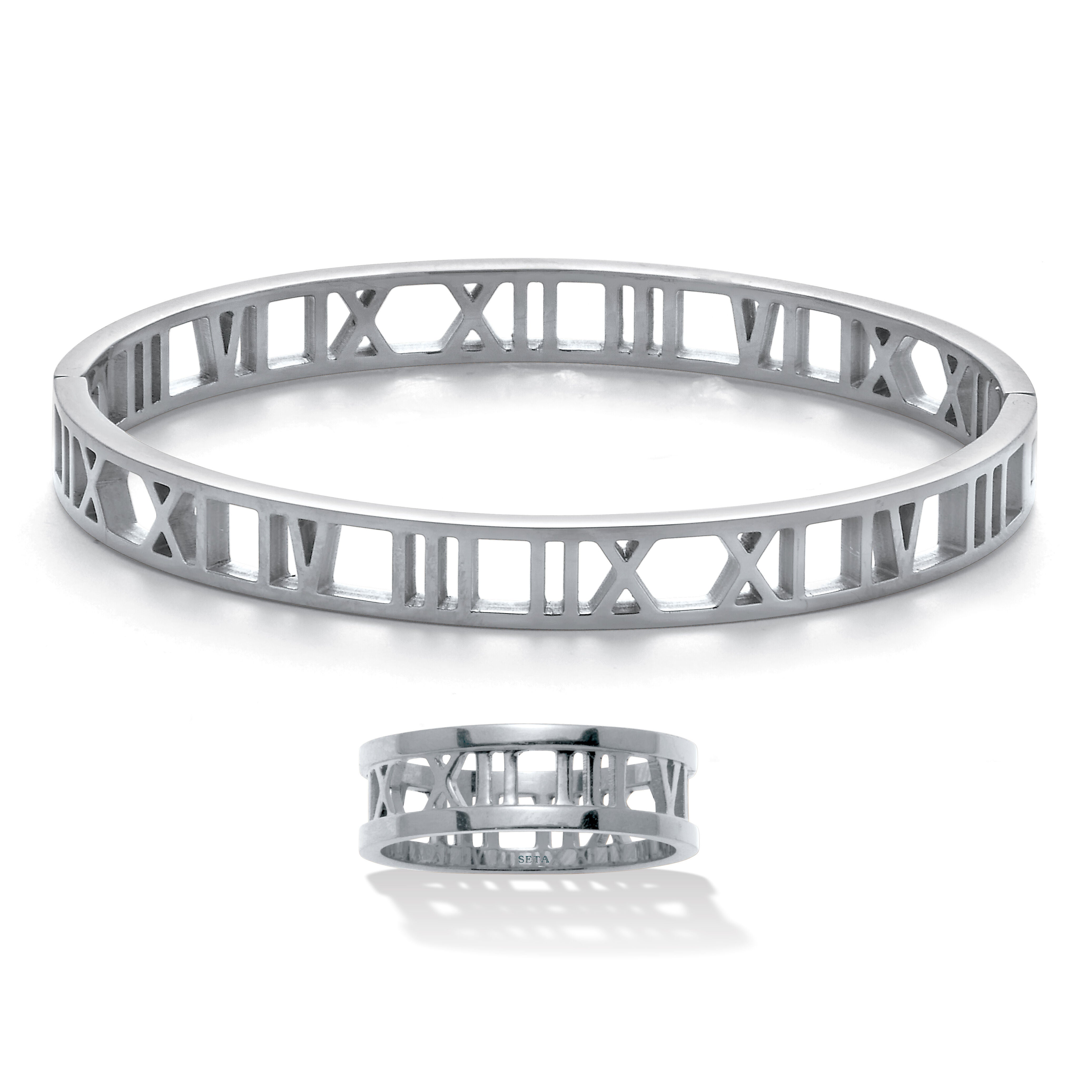 Roman Numeral Stainless Steel Bracelet and Ring Set, SILVER, hi-res image number 0