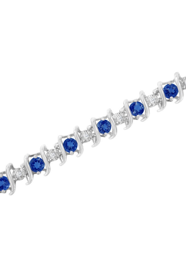 Sterling Silver Gemstone & Round Diamond Tennis Bracelet Blue Sapphire September Birthstone, , alternate image number 3