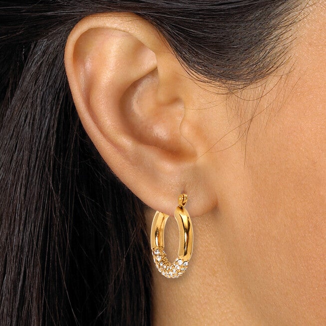 Round Crystal Yellow Gold Ion-Plated Stainless Steel Earrings, 3-Pair Set, WHITE, alternate image number 4