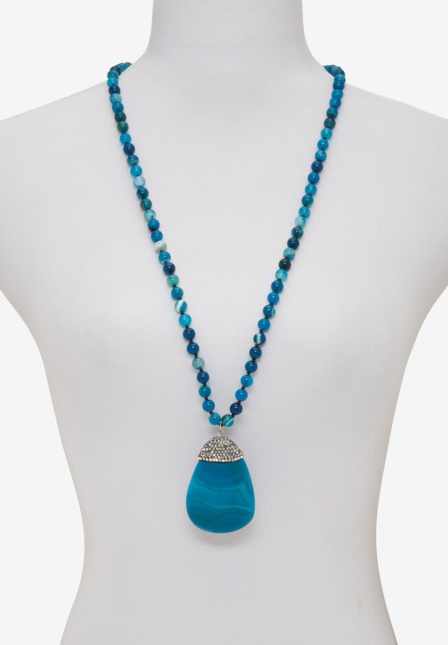 Round Genuine Blue Agate Crystal Accented Silvertone Drop Necklace 34 Inch, , alternate image number 6
