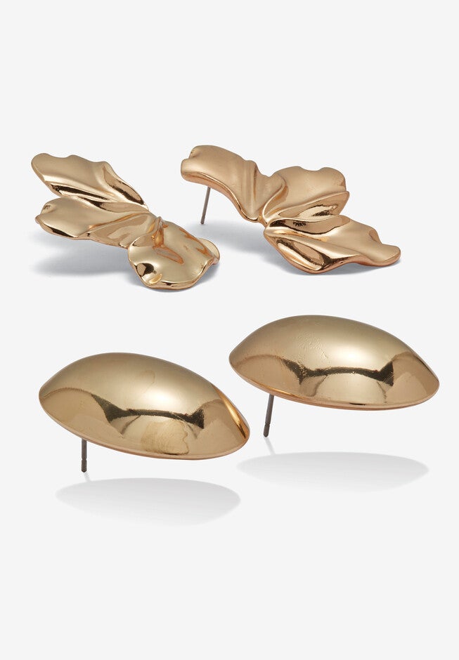 Goldtone Sculptural Floral Drop Earrings And Dome Earrings Set, , on-hover image number 1