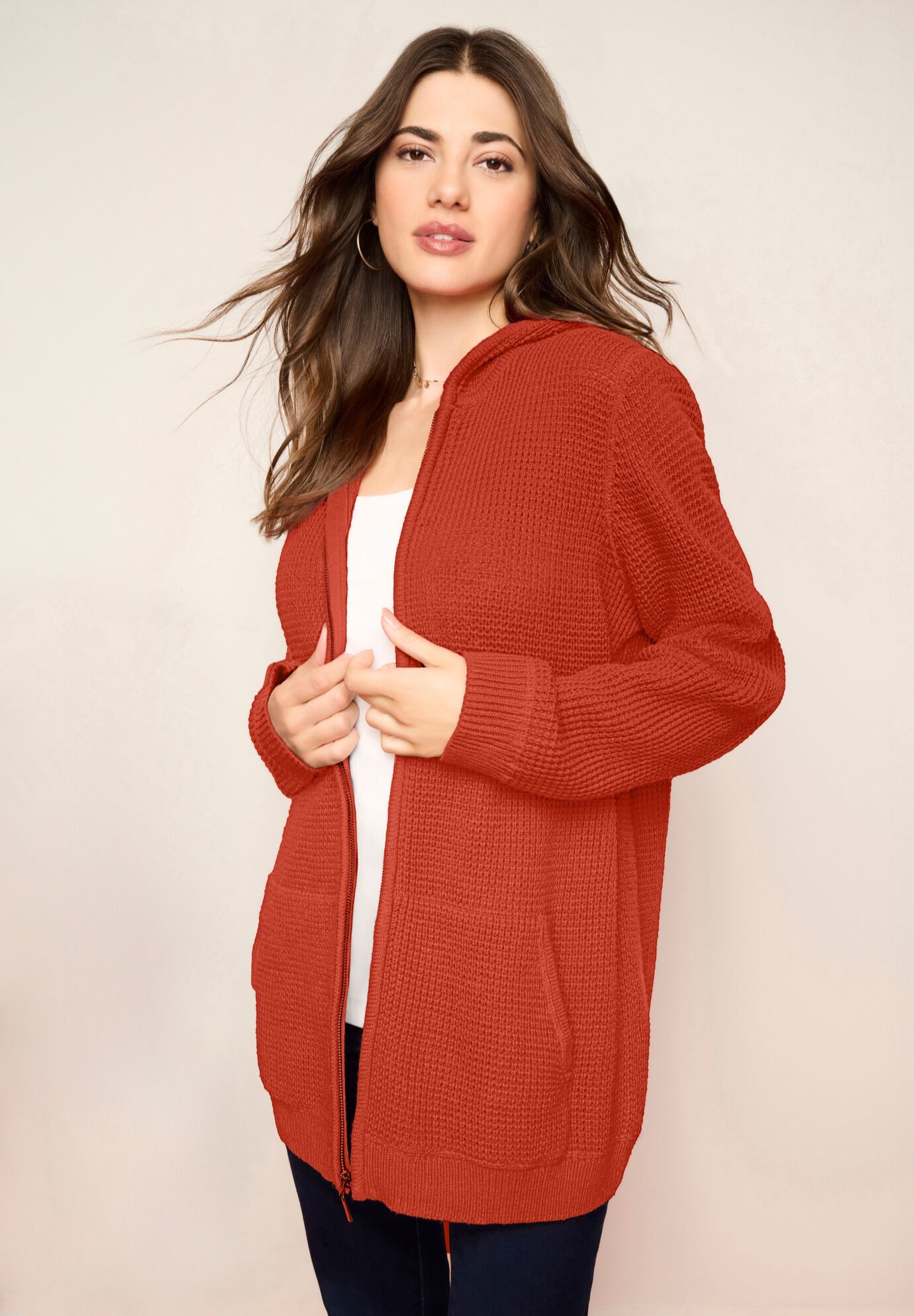 Plus Size Waffle Knit Zip-Front Relaxed Hoodie, COPPER RED, alternate image number 2