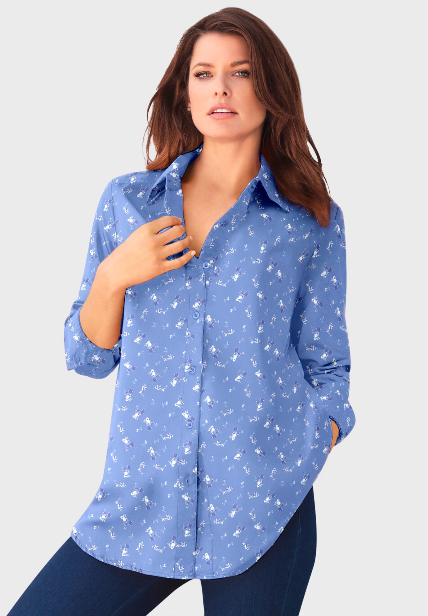 Plus Size Kate Long Sleeve Easy Cotton-Blend Button-Front Shirt, FRENCH BLUE PRETTY FLORAL, on-hover image number 1