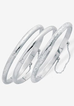 Polished, Engraved And Floral Three-Piece Bangle Set In .925 Sterling Silver Jewelry