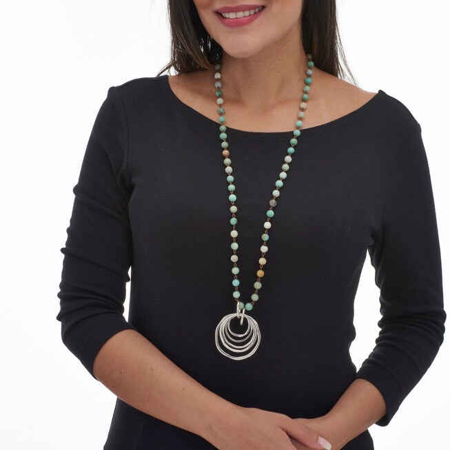 Round Genuine Green Amazonite Silvertone Drop Pendant Necklace 34-inch, GREEN, alternate image number 2