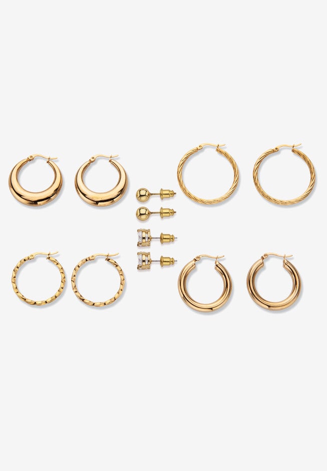 4 Cttw. 6-Pair Cz Stud & Hoop Set Goldtone & Gold Ion Plated Stainless Steel, , on-hover image number null